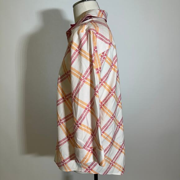 Chico's Pink Orange Diamond Plaid Button Up Blouse Womens Size 1 US 8/10 No Iron - Picture 5 of 10